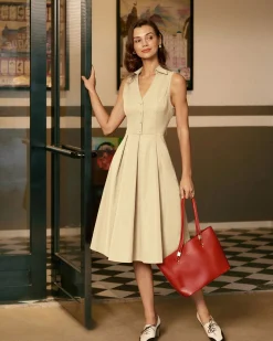 Apricot Button Sleeveless Midi Dress