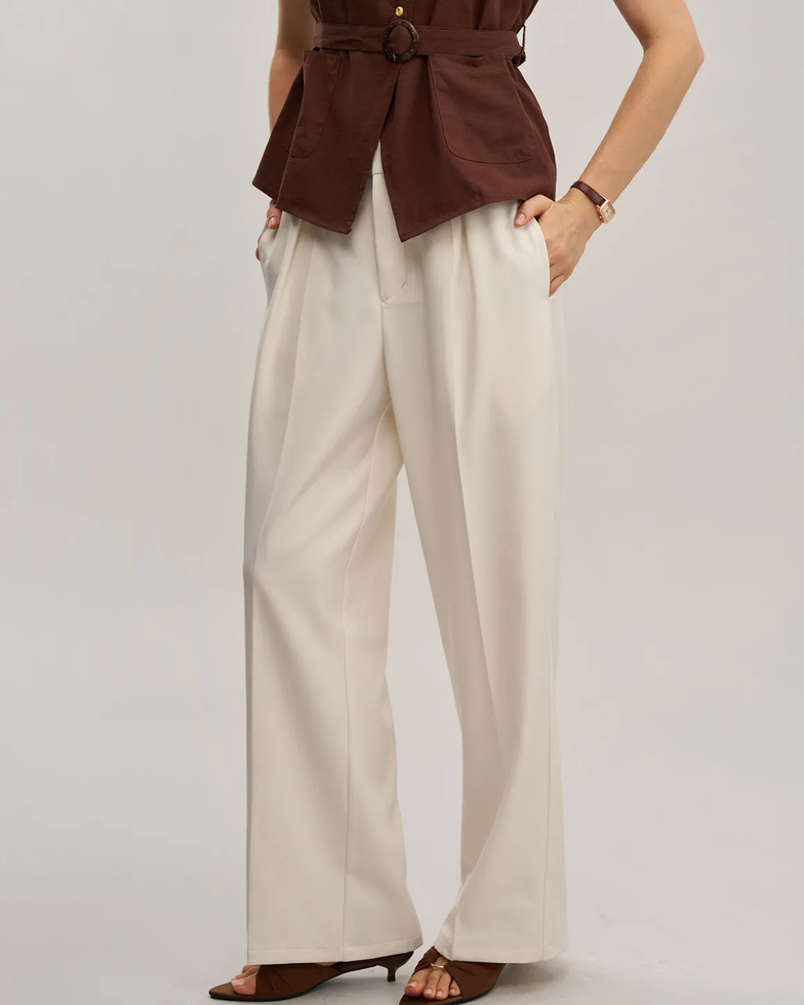 Apricot Elastic Waist Straight Pants