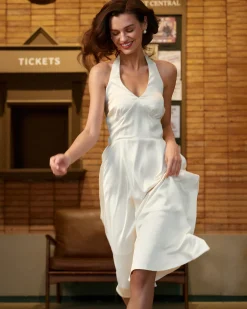 Apricot Halter Backless Satin Midi Dress