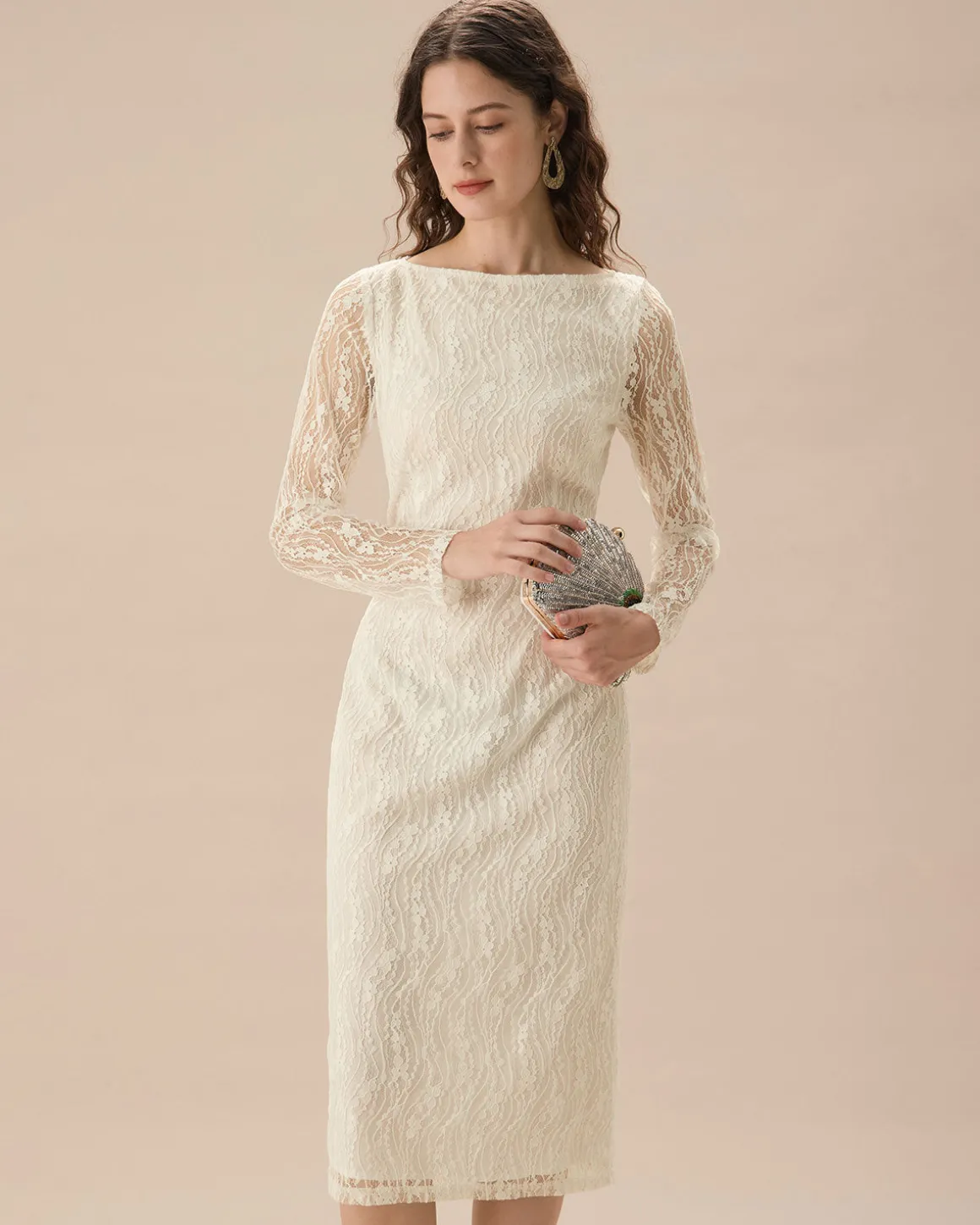 Apricot Lace Boat Neck Long Sleeve Midi Dress