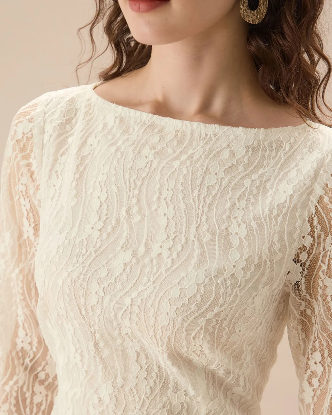 Apricot Lace Boat Neck Long Sleeve Midi Dress