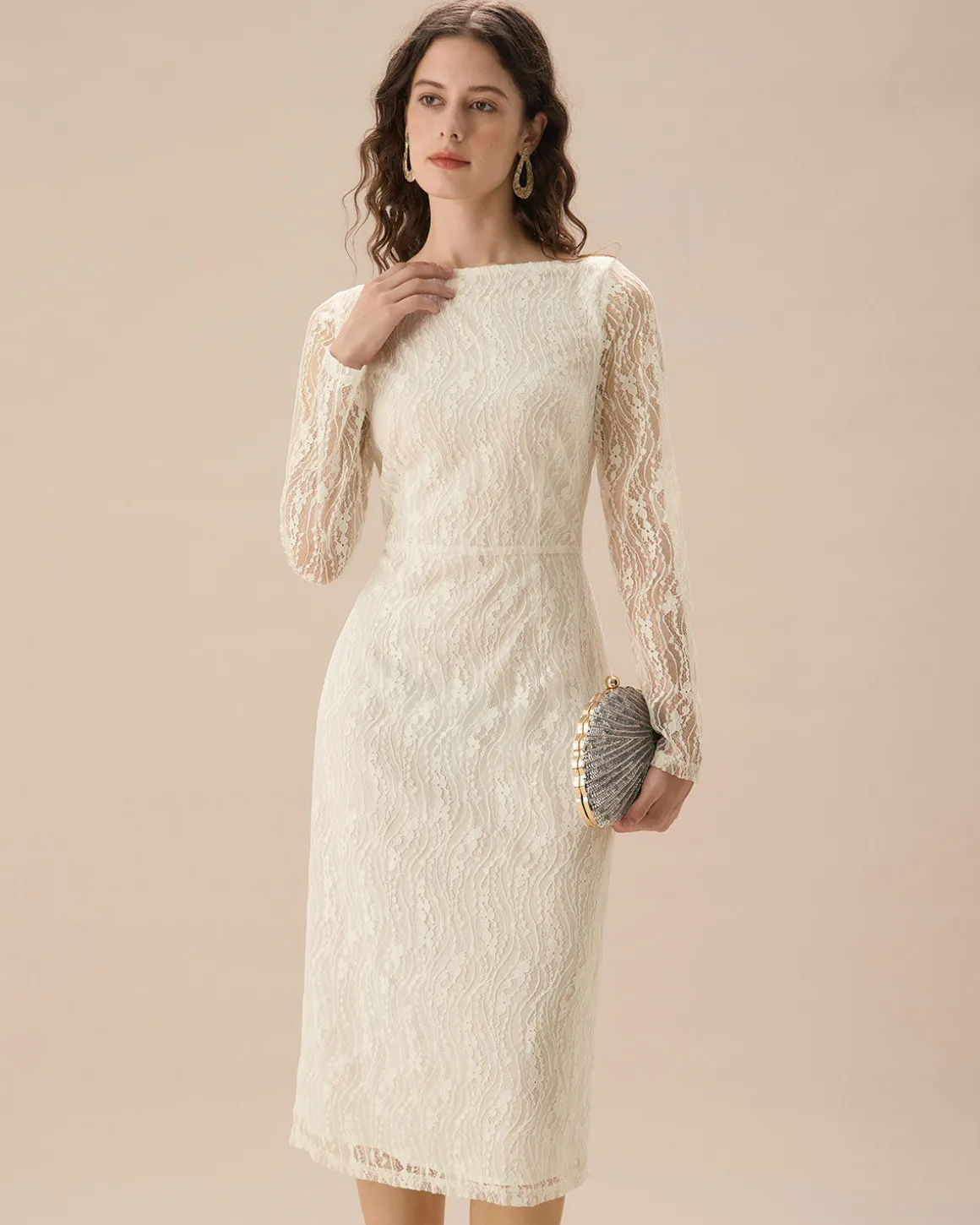 Apricot Lace Boat Neck Long Sleeve Midi Dress