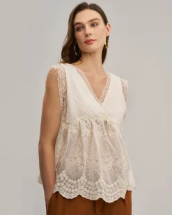 Apricot V Neck Lace See-Through Tank Top
