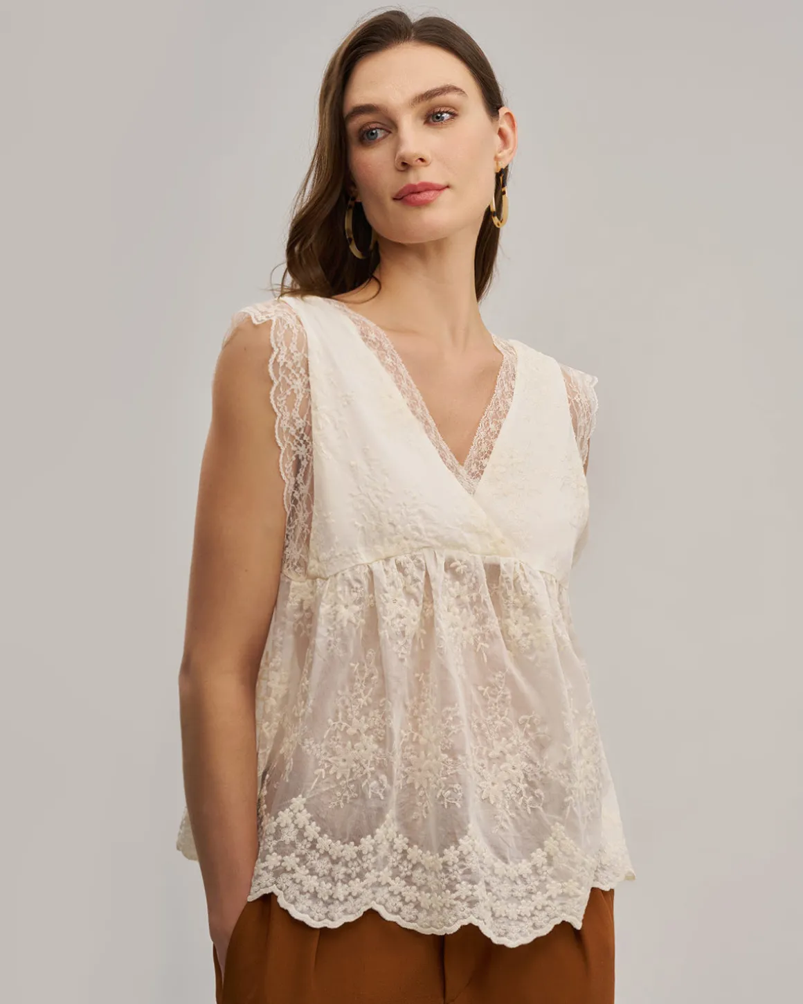 Apricot V Neck Lace See-Through Tank Top