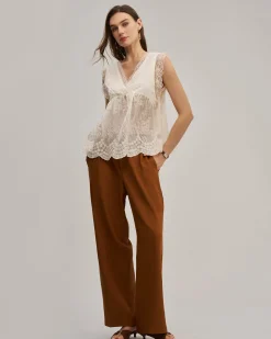 Apricot V Neck Lace See-Through Tank Top