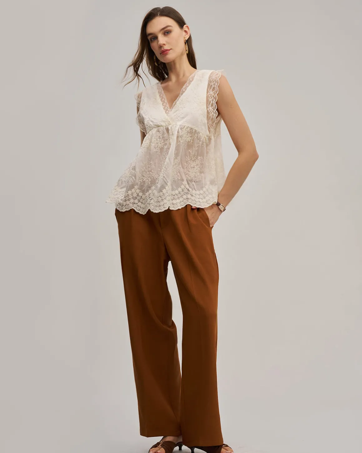 Apricot V Neck Lace See-Through Tank Top