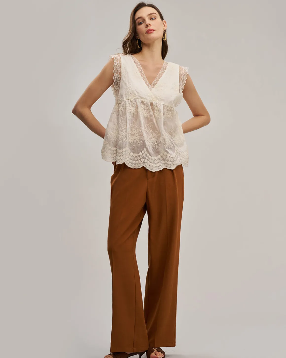 Apricot V Neck Lace See-Through Tank Top