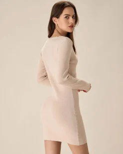 Apricot V-Neck Bodycon Sweater Dress
