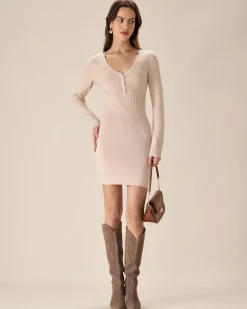 Apricot V-Neck Bodycon Sweater Dress