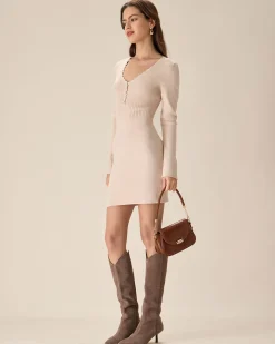 Apricot V-Neck Bodycon Sweater Dress