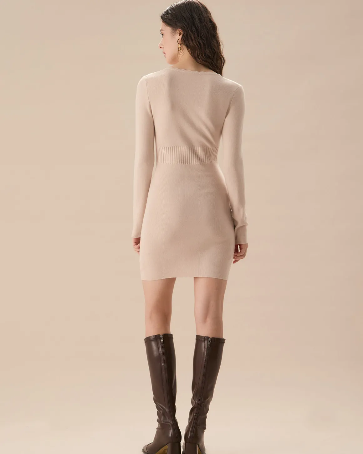 Apricot V-Neck Bodycon Sweater Dress