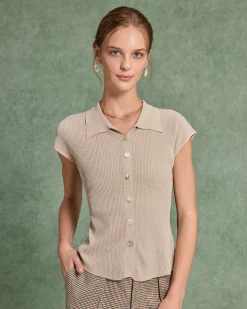 Beige Cap Sleeve Button Knit Tee