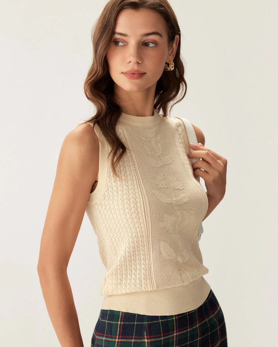 Beige Crew Neck Knit Tank Top