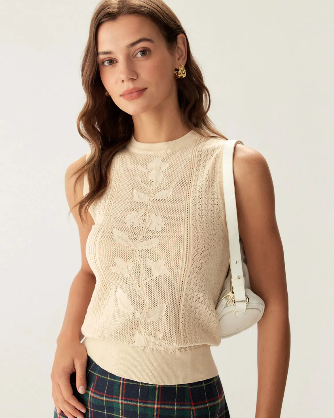 Beige Crew Neck Knit Tank Top