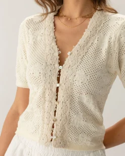 Beige Crochet Textured Cropped Cardigan