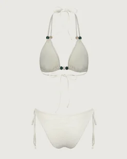 Beige Cut Out Beaded Bikini Set