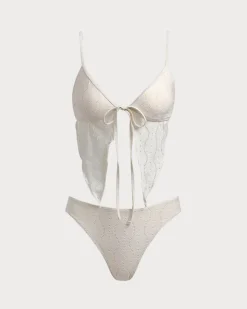 Beige Cutout Lace-Up Tankini Swimsuit