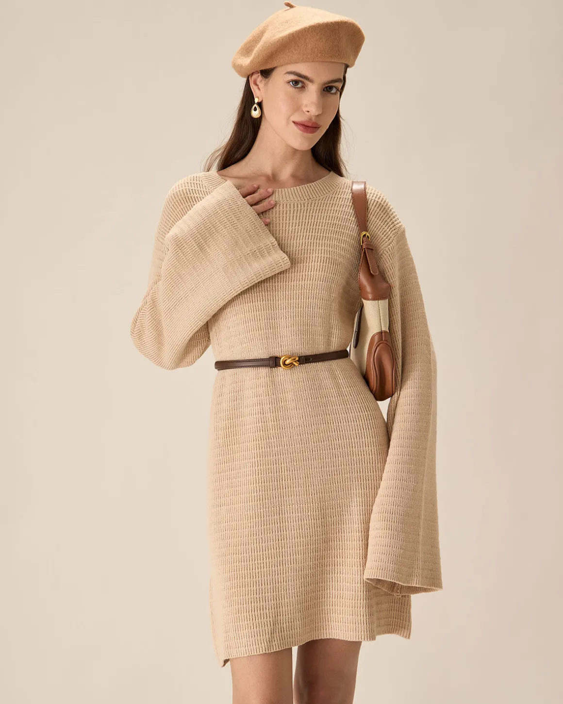 Beige Drop Shoulder Sweater Mini Dress