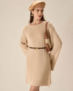 Beige Drop Shoulder Sweater Mini Dress
