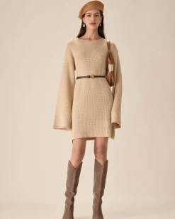 Beige Drop Shoulder Sweater Mini Dress