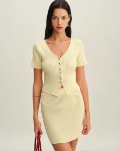 Beige Elastic Waist Knit Mini Skirt