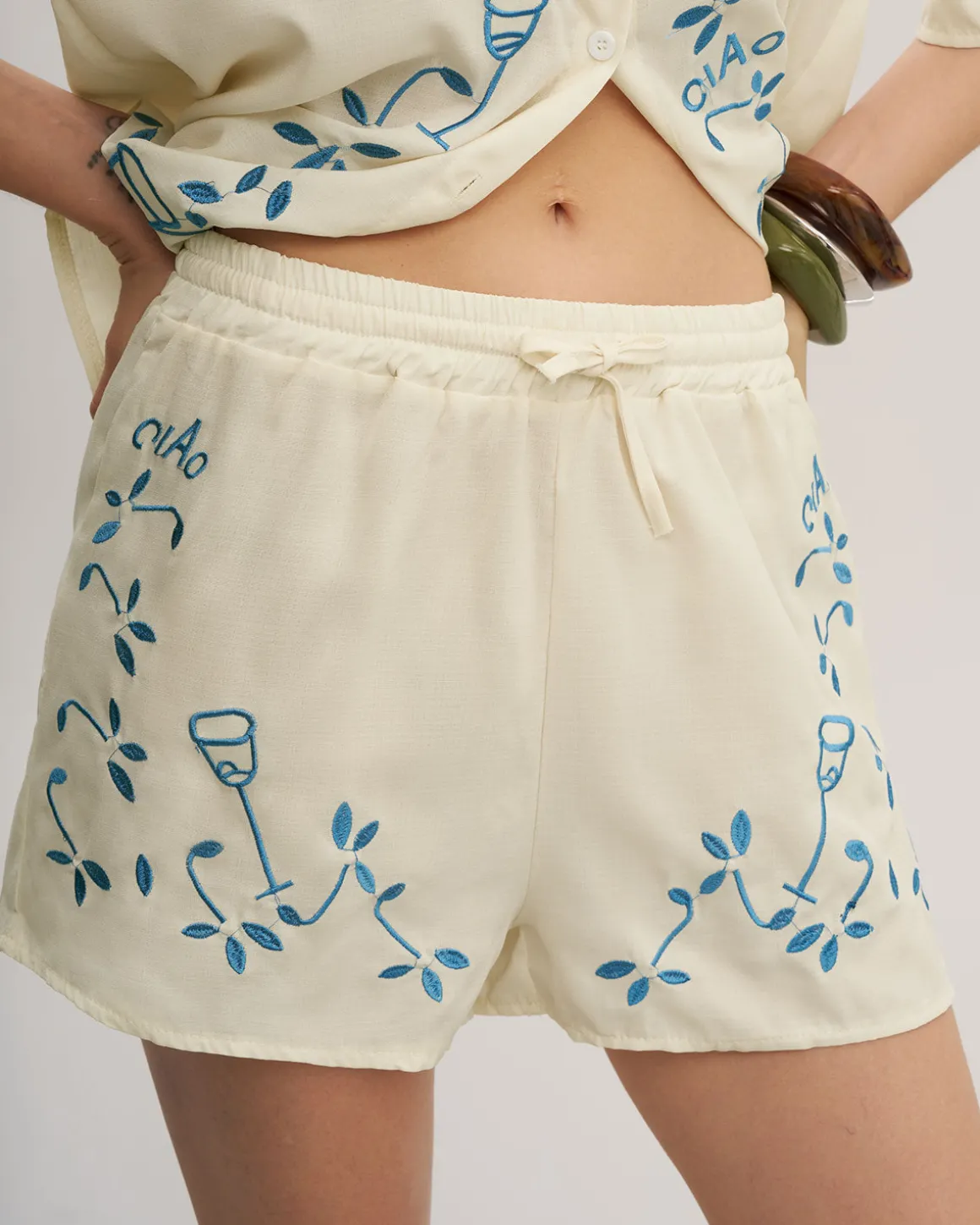 Beige Elastic Waist Pants Set