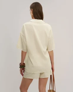 Beige Elastic Waist Pants Set