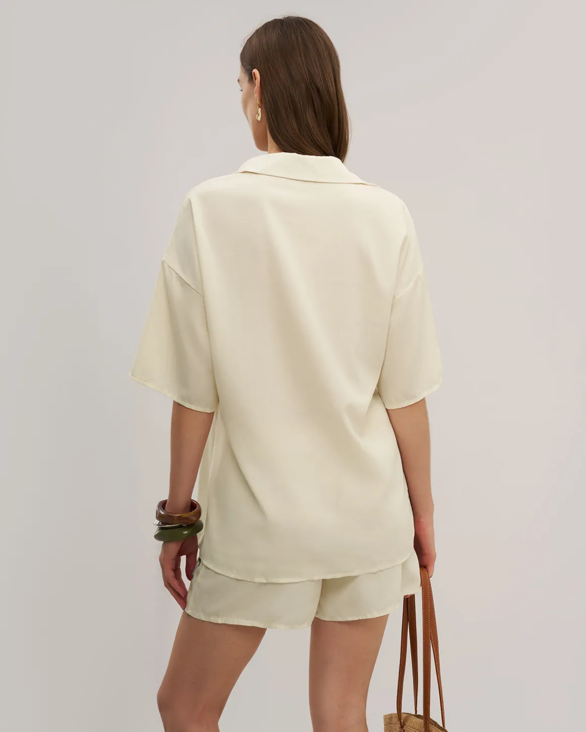 Beige Elastic Waist Pants Set