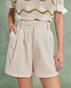 Beige Elastic Waist Pocket Linen Shorts