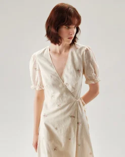 Beige Embroidery Puffed Sleeve Wrap Midi Dress