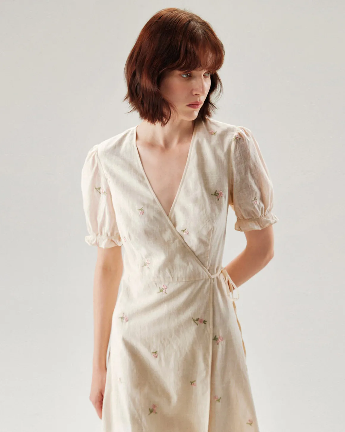 Beige Embroidery Puffed Sleeve Wrap Midi Dress