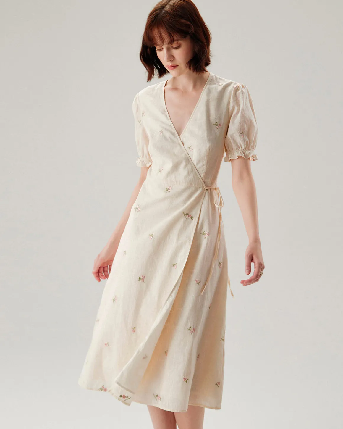 Beige Embroidery Puffed Sleeve Wrap Midi Dress