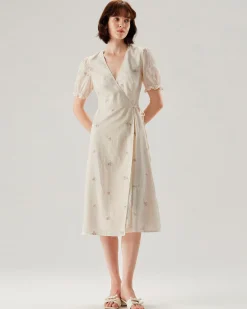 Beige Embroidery Puffed Sleeve Wrap Midi Dress