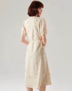 Beige Embroidery Puffed Sleeve Wrap Midi Dress