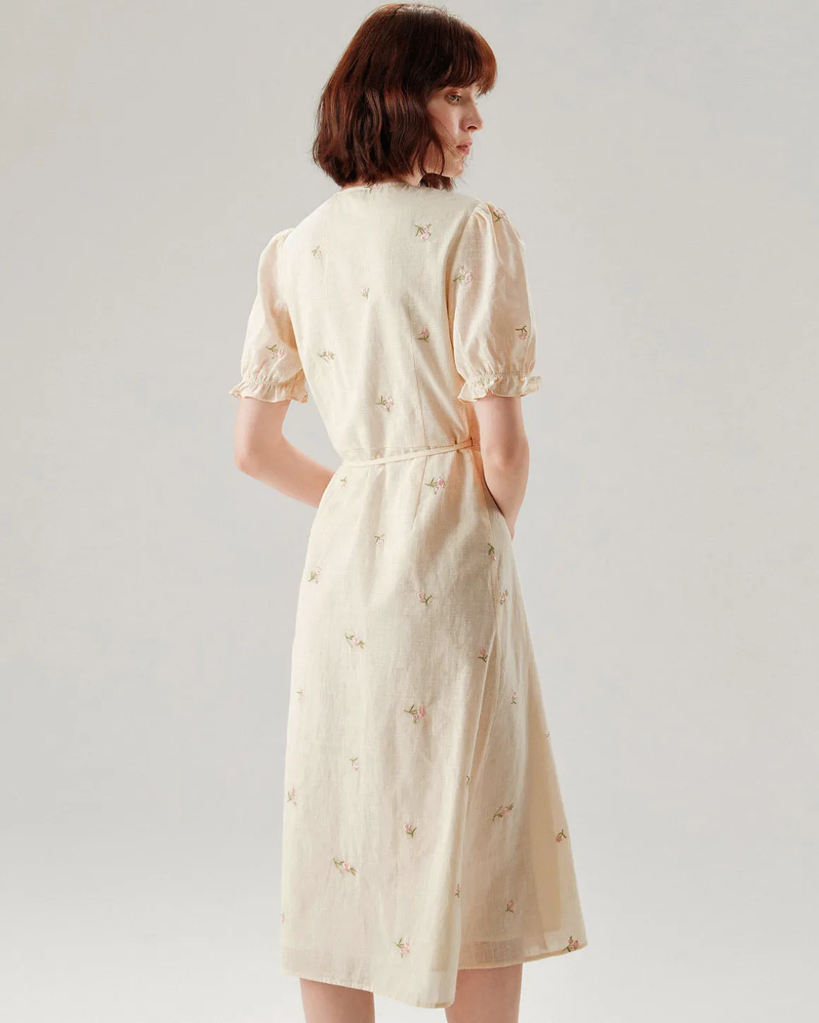 Beige Embroidery Puffed Sleeve Wrap Midi Dress