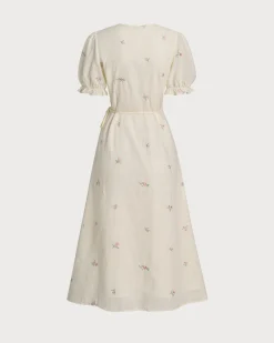 Beige Embroidery Puffed Sleeve Wrap Midi Dress