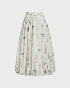 Beige Floral Elastic Waist Pocket Midi Skirt