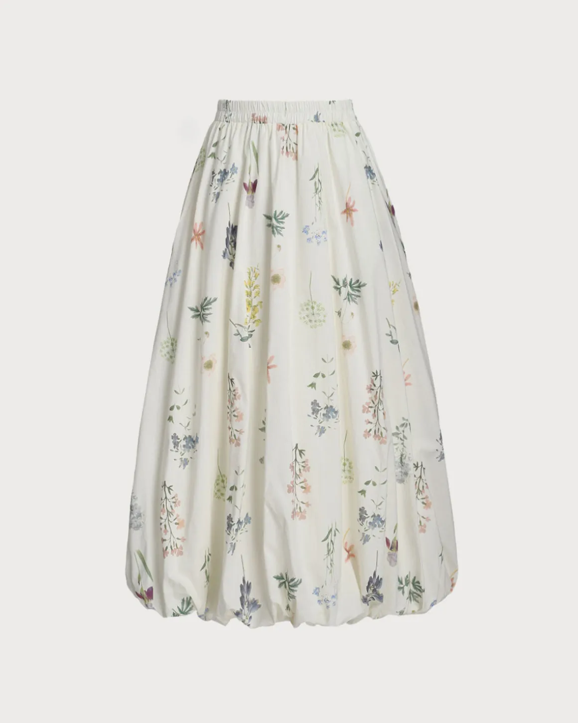 Beige Floral Elastic Waist Pocket Midi Skirt