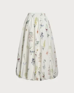 Beige Floral Elastic Waist Pocket Midi Skirt