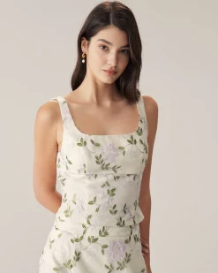 Beige Floral Slim Tank Top
