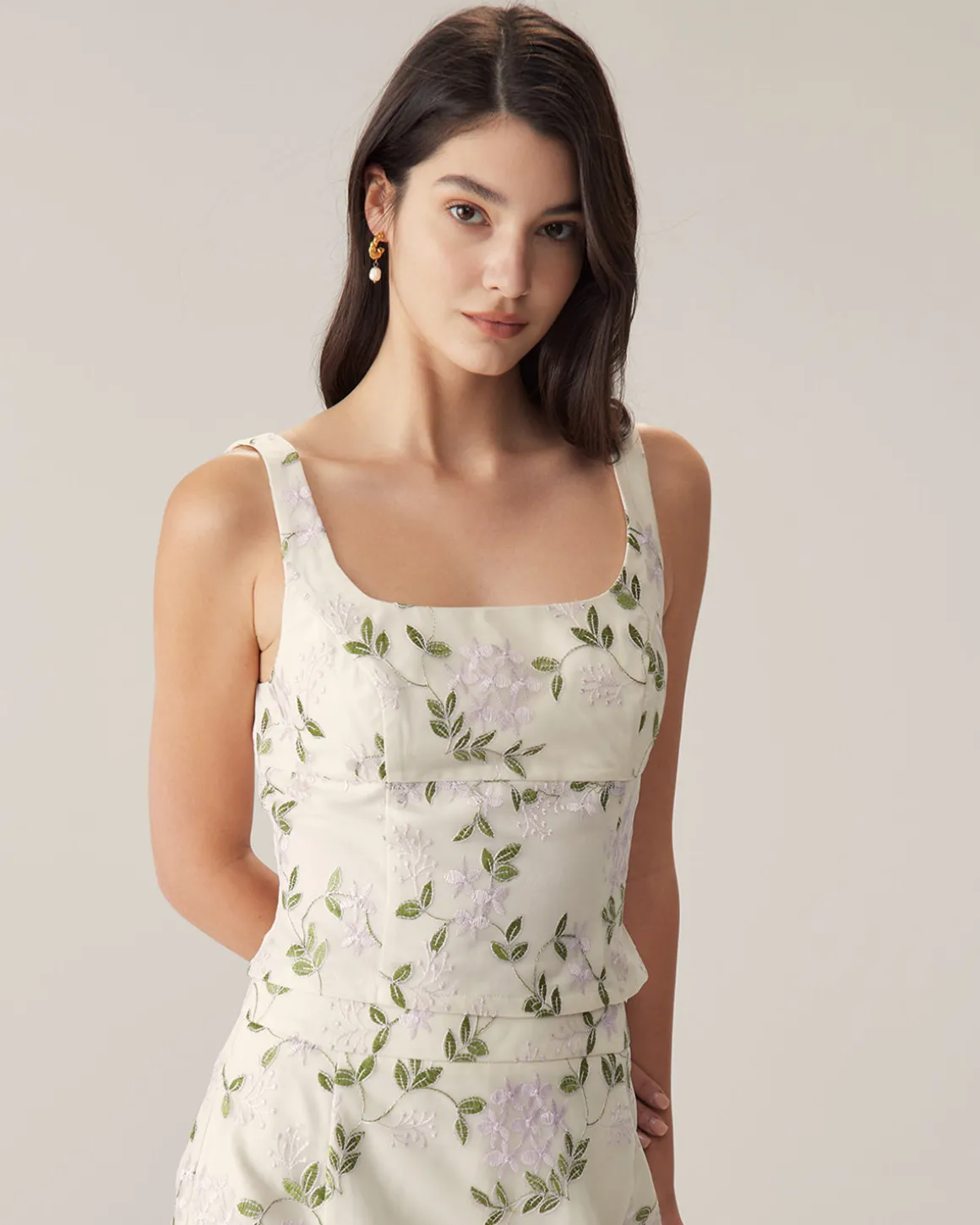 Beige Floral Slim Tank Top