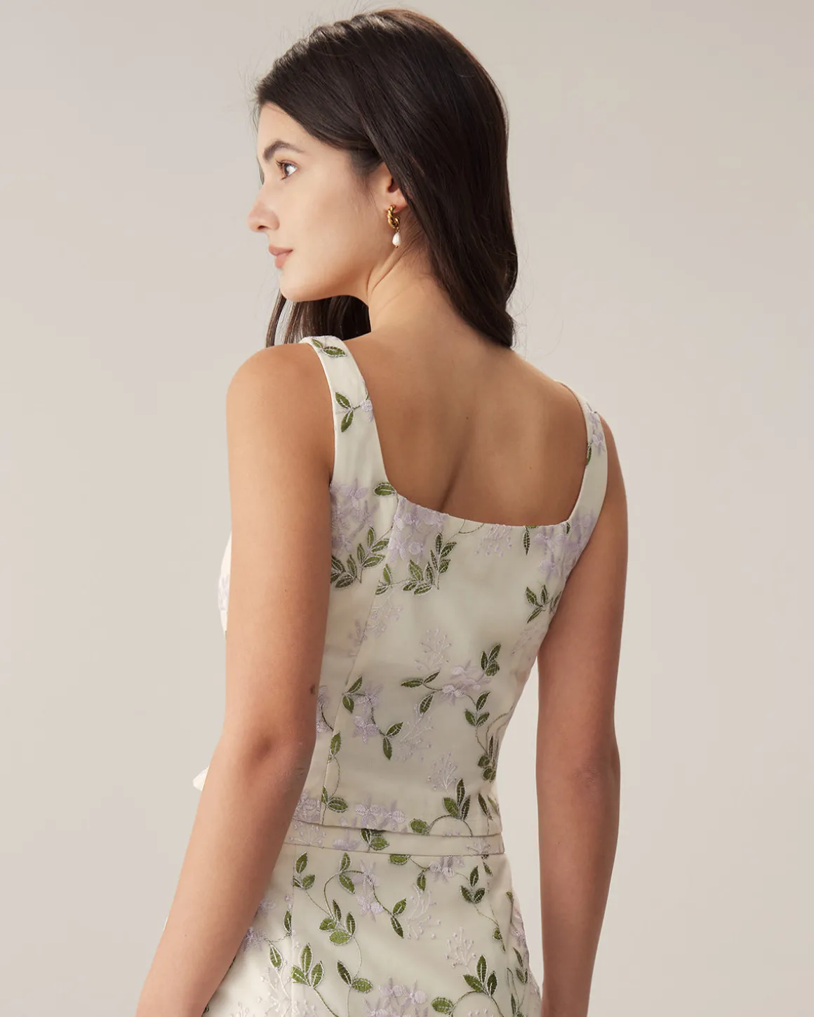 Beige Floral Slim Tank Top