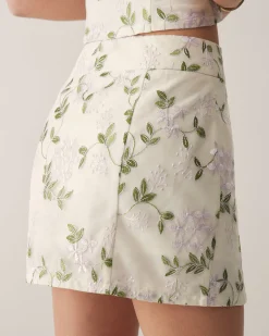 Beige Floral Straight Mini Skirt