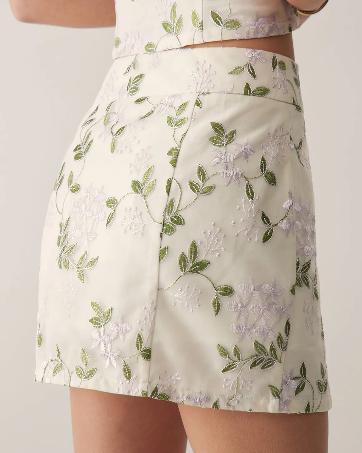 Beige Floral Straight Mini Skirt