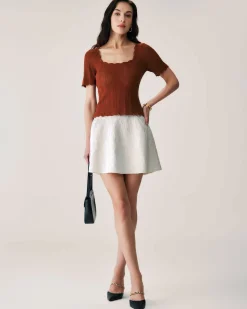 Beige Jacquard A-Line Mini Skirt