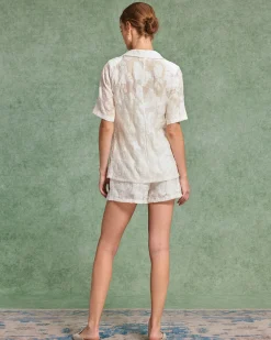 Beige Jacquard Blouse Shorts Two-Piece Set