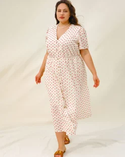 Beige Polka Dot Plus Size Midi Dress