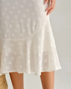 Beige Polka Dot V-Neck Midi Dress