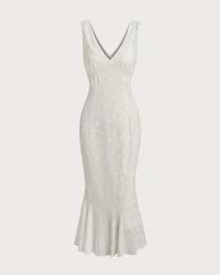 Beige Polka Dot V-Neck Midi Dress