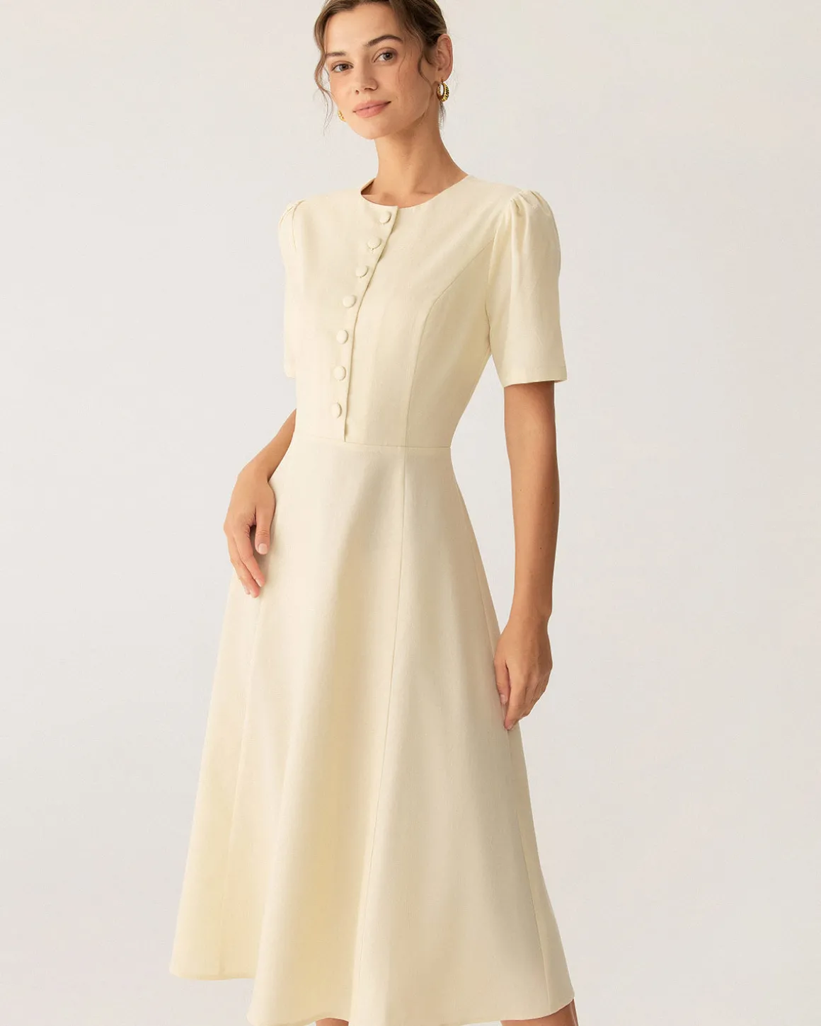 Beige Puffed Sleeve Button Midi Dress